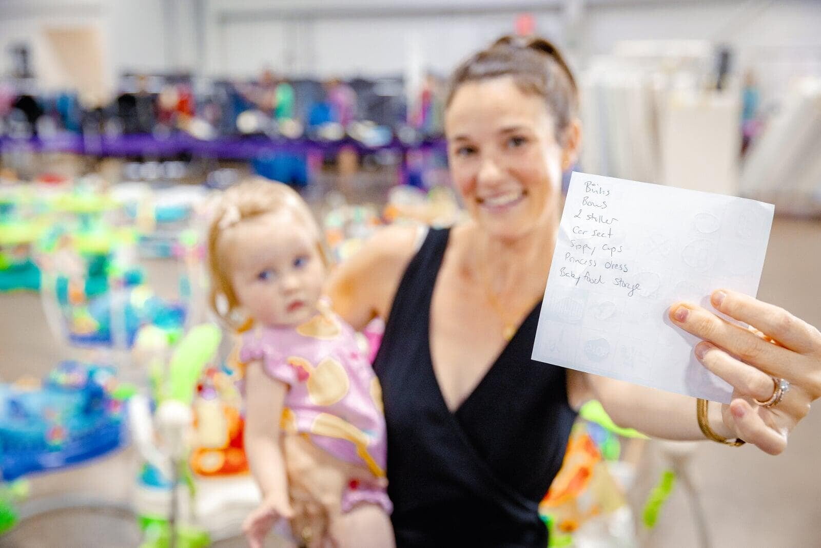 A cashier smiles behind her mask as she gets ready to check out the next happy JBF customer.